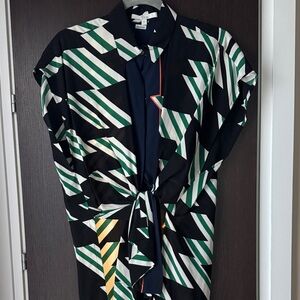 10 Crosby Derek Lam Black Shirt Dress with Green & White Accents